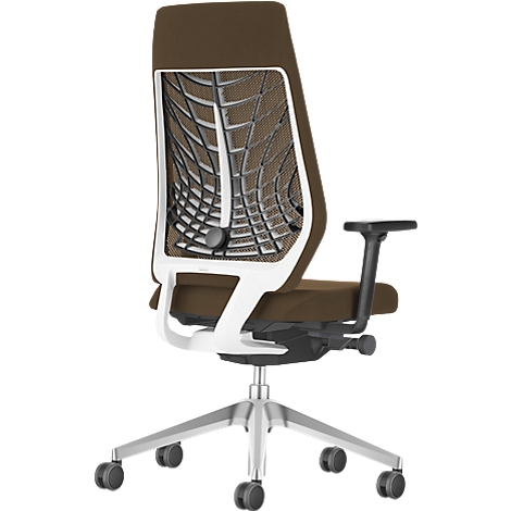 Office chair, brown with white frame and mesh back, photographed from behind.