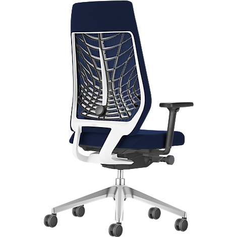 Blue office chair with white frame and silver base. The backrest is open and offers good seating comfort.