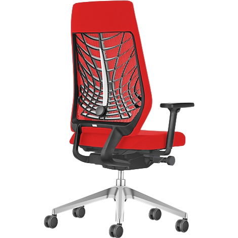 Red office chair with black mesh back, gray wheels and silver legs.