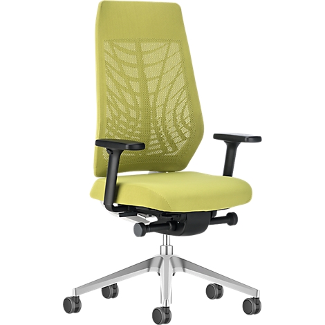 Office chair with high backrest and mesh in green. Black armrests, silver base with rollers.