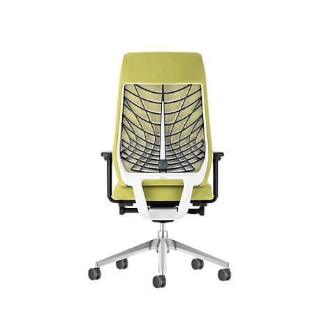 Back view of an ergonomic office chair with a lime green backrest, white frame, and black mesh. The chair has a silver base with castors.