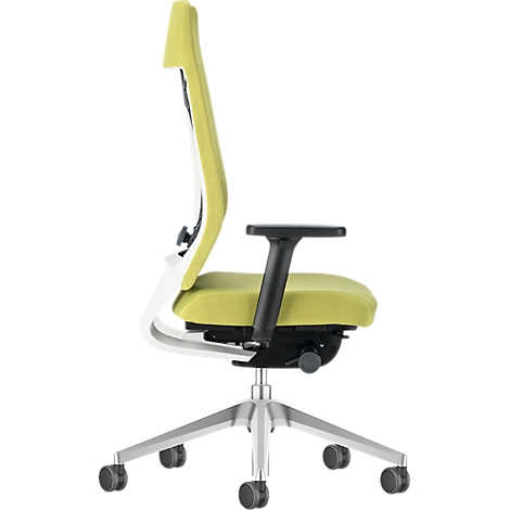 Office chair in profile: light green seat, backrest, armrest. Silver base with castors.
