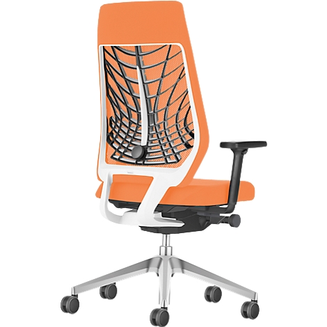 Orange office chair with white frame, black back, and silver base. Back with mesh structure.