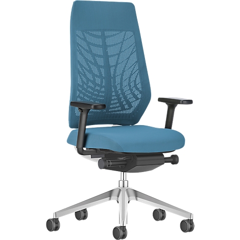 Blue office chair with mesh back and black armrests.