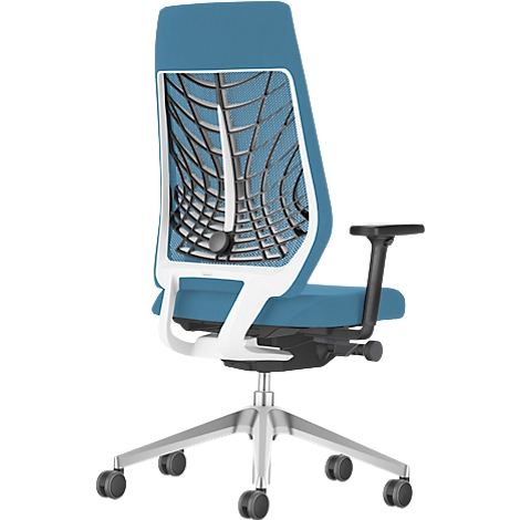 Blue office chair with white frame and mesh back. Black armrest, silver base with castors.