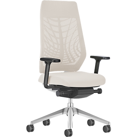 Cream-colored office chair against a white background. Black armrests and frame. The chair has a mesh back.
