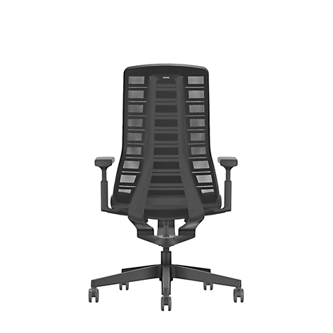 Back view of a black office chair with a mesh back and adjustable armrests. The chair stands on castors against a white background.