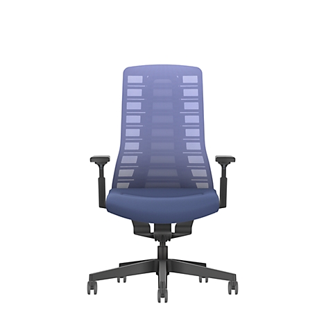 Blue office chair with mesh back and black armrests. The chair stands against a white background.