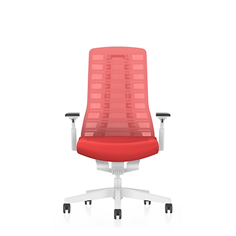 Red office chair with mesh back, white armrests and castors. On a light background.