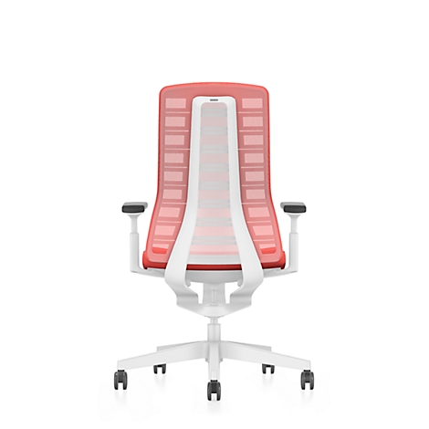 Red and white office chair, back view. The chair has a mesh back and white armrests.