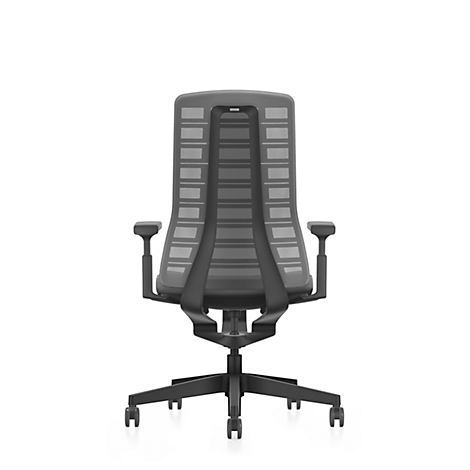 Black office chair from behind. The chair has a mesh backrest and armrests. It stands on a black base with castors.