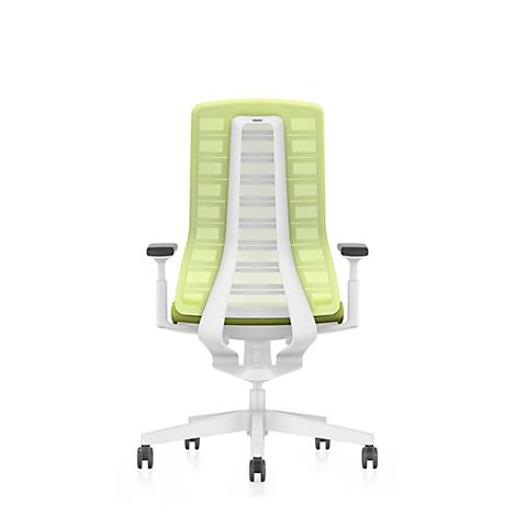 Office chair from the back: lime green back, white frame, black armrests and castors.