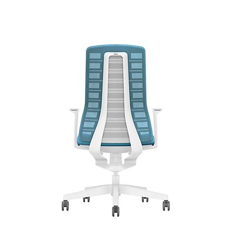 Back view of an ergonomic office chair. The chair has a white frame and blue accents. The seat is made of white mesh fabric.