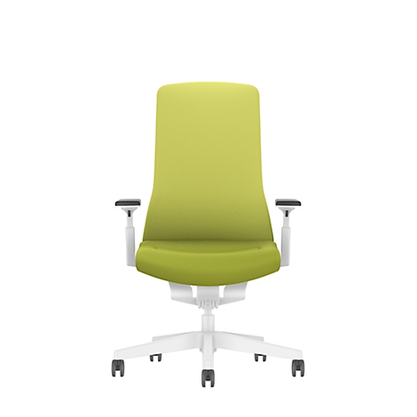An ergonomic office chair with a green back and seat. The base and armrests are white.