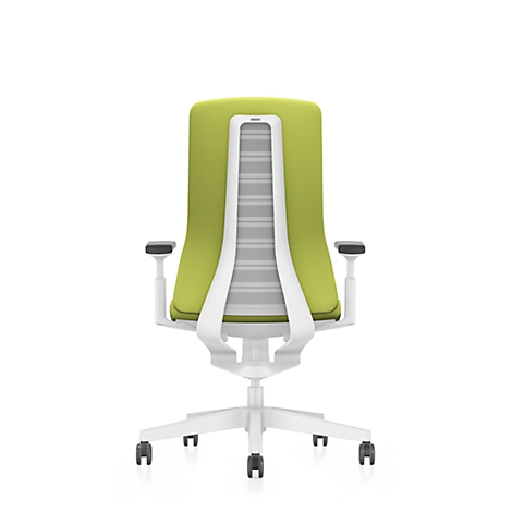 Back view of an ergonomic office chair in green and white.