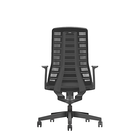 Black office chair with mesh back, armrests, and wheels against a white background.