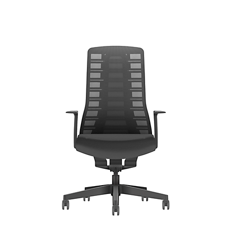 Black office chair on a white background. The chair has a tall back with a mesh pattern and armrests.