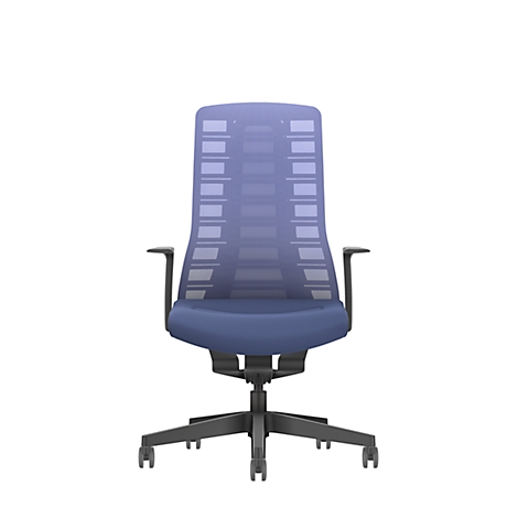 A blue office chair against a white background. The chair has a mesh back and armrests.