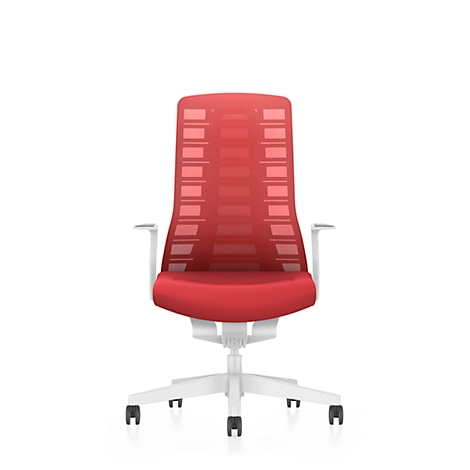 Office chair with red mesh back, white frame, and casters.