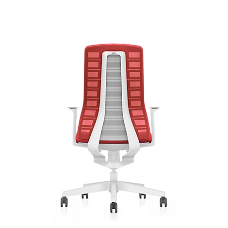 Office chair, rear view. Red mesh back, white frame, five castors, grey seat. On a white background.