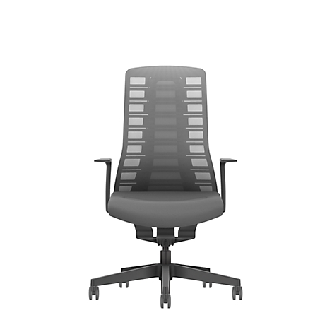 Gray office chair with mesh back, armrests, and casters against a white background.