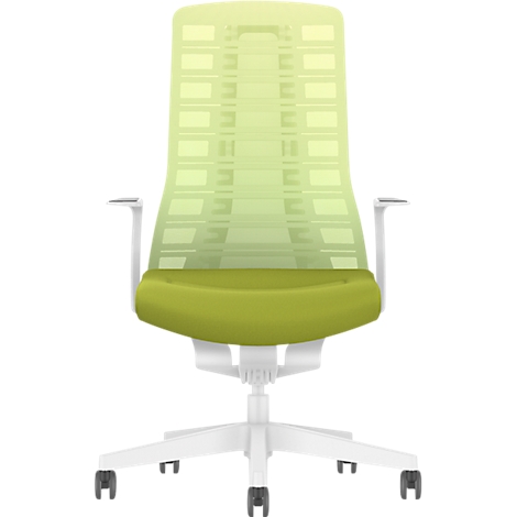 An ergonomic office chair with a light green back and seat, white frame and armrests.