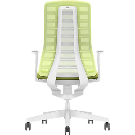 Back view of an ergonomic office chair with a white frame, green mesh backrest and armrests, on casters.