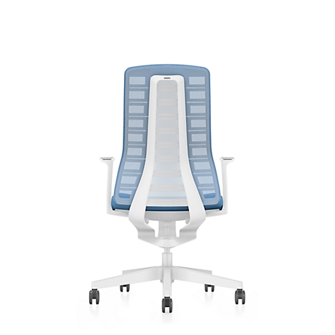 Back view of a white office chair with a blue mesh back and white armrests, set against a white background.