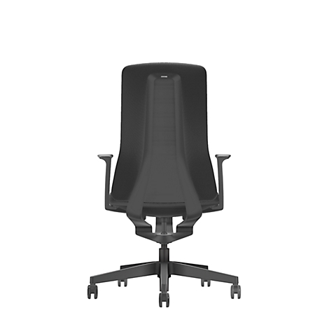 Black office chair, back view. High back, armrests, swivel base with castors.