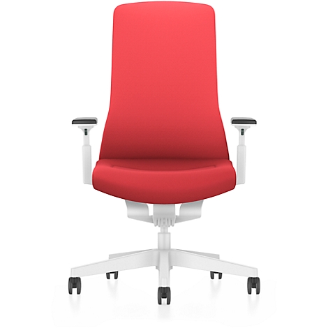 A red office chair with white armrests and a white base. The chair stands on casters.