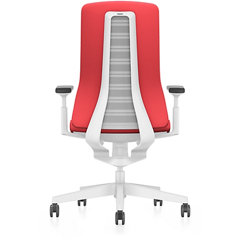 Red office chair, rear view: white frame, gray mesh backrest, and red seat.