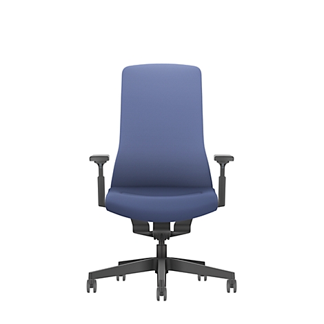 Blue office chair against white background. The chair has armrests and a black frame.