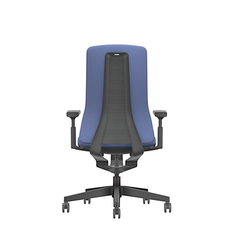 Back view of a blue office chair with black mesh back. The chair has armrests and stands on a black base with castors.