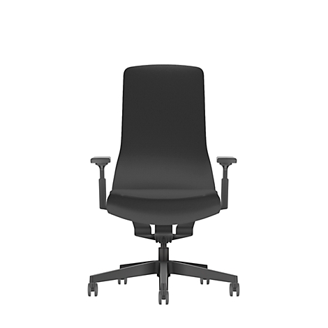 Black office chair, frontal view. High backrest, armrests, five casters.