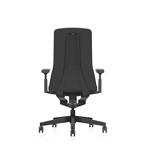 Black office chair from behind, armrests, backrest, castors, on a white background.