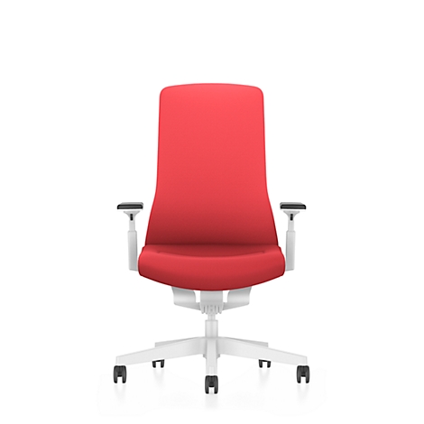 Red office chair with white frame and wheels, against a white background.