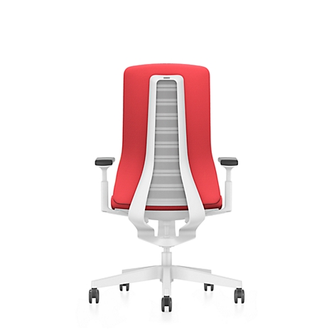 Red office chair, back view. White frame, grey mesh back, black armrests and castors.