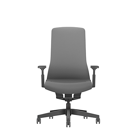 Grey office chair, front view, armrests, swivel base on castors.