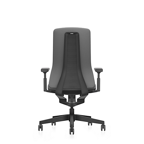 Rear view of a modern office chair; grey with a black mesh back and armrests. On a white background.