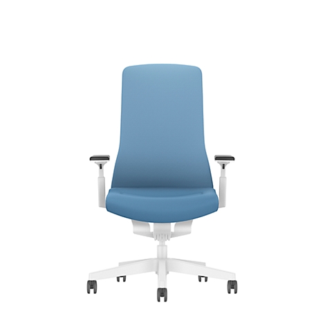 Blue office chair design with a white frame. The armrests are adjustable.
