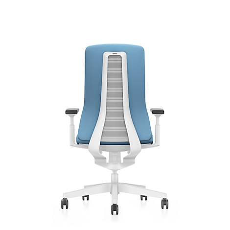 View of an office chair. Blue backrest, white frame and gray mesh. The chair stands in front of a white background.