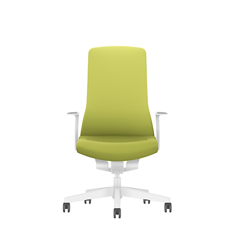 Green office chair with white frame. The chair has armrests and castors.