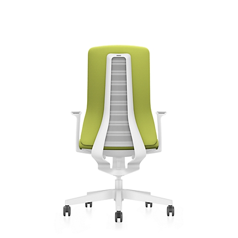 Back view of an ergonomic office chair; green padded backrest, white frame and base, castors.