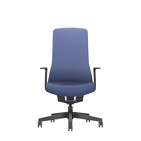 Blue office chair with black frame and armrests, isolated on a white background.