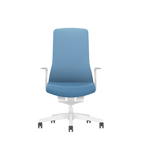 Office chair with blue seat and backrest, white frame and armrests, against a white background.