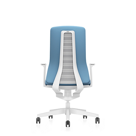 Back view of an office chair in blue and white, on a white background. The chair has wheels.