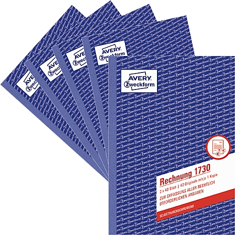 Several invoice pads with blue pattern and white logo. One block says "Rechnung 1730".