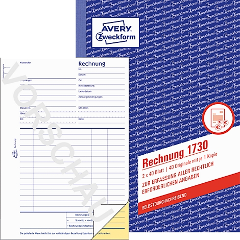 Invoice pad by Avery Zweckform with an open sheet. Information such as invoice number and date are shown on the right.