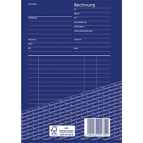 Blue invoice form with white lines and text. The text "Rechnung" is at the top.