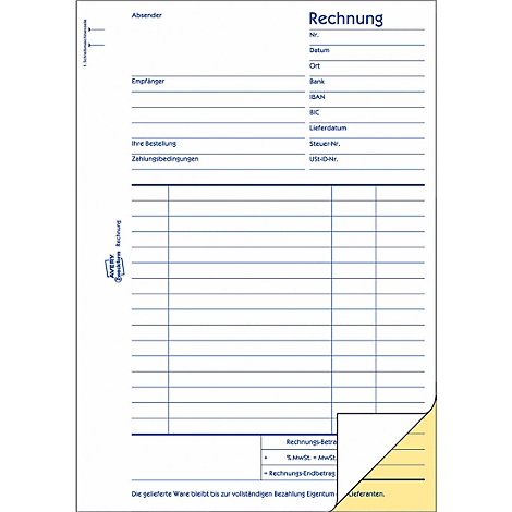 Invoice form with blue lines and text, showing a corner angled at the bottom right.